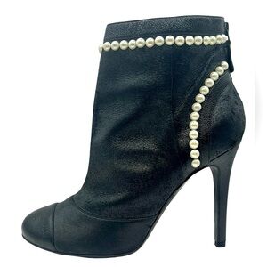 CHANEL Pearl Embellished Ankle Boots Black Leather EU 38 US 8